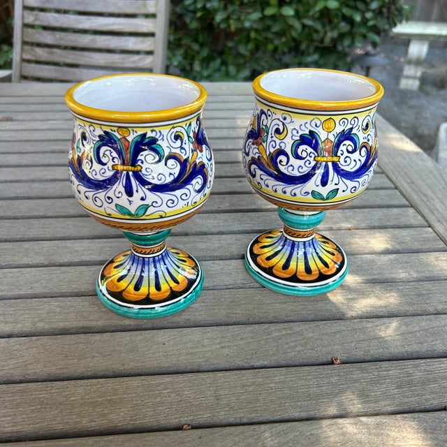 Late 20th Century Ricco Deruta Decoration Marisa Martina Siena Italian Ceramic Wine Goblets- a Pair For Sale In Sacramento - Image 6 of 7