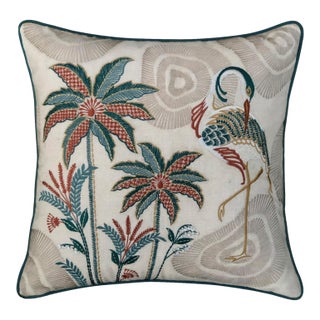 Luxury 18x18 Hand-Embroidered Crane Cushion Cover- Textured French Knot Artisan Pillow - Chinoiserie & Japandi Home Decor, Living Room Decor For Sale