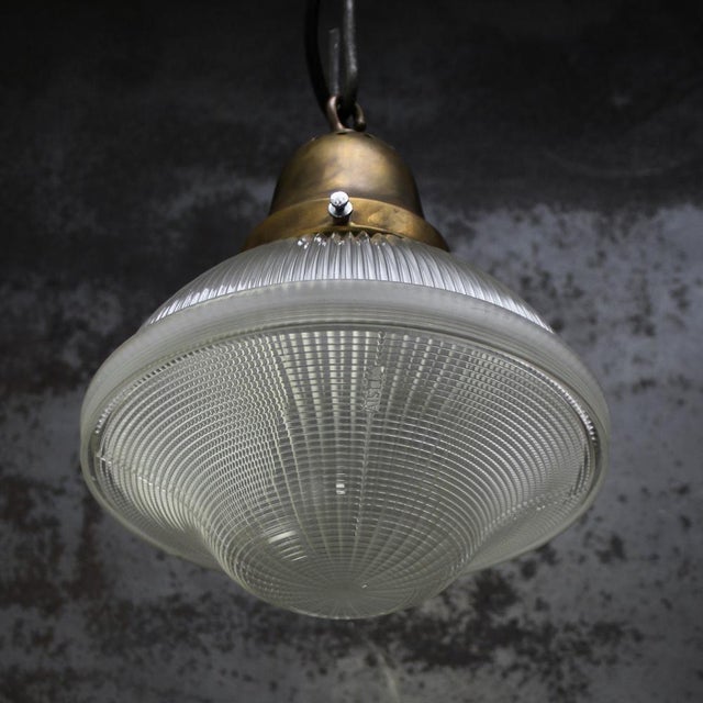 Metal Mid-Century Industrial Glass & Brass Pendant Lights from Holophane, USA For Sale - Image 7 of 8