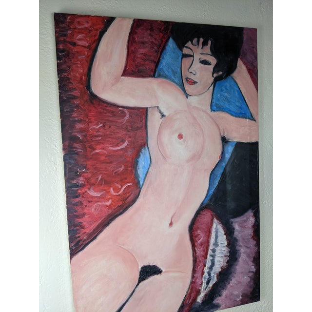 Textile Large Modernist Reclining Female Nude Original Oil Painting on Canvas, Mid-20th Century For Sale - Image 7 of 13