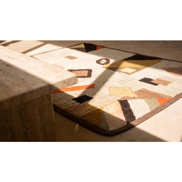 Cute Beige Background Color With Tiny Details Geometric Design Antique American Hooked Rug For Sale - Image 13 of 15