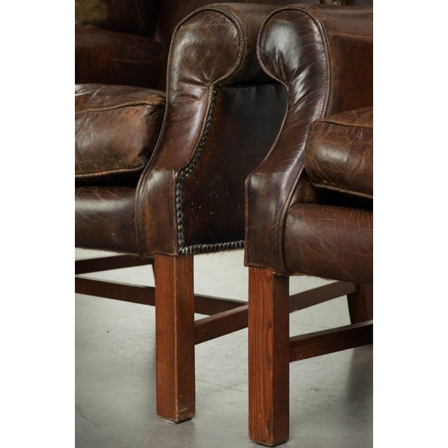 Large English Dark Cognac-colored Cowhide Leather Wing Armchairs, Set of 2 For Sale - Image 13 of 14