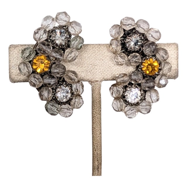 Vintage 1960s Signed Ornella Italy Clear Beaded Clear & Faux-Citrine Clip Earrings-2 Pieces For Sale