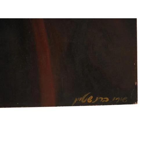 A mid-century modern oil painting on canvas depicting two chestnut or bay Arabian horses in overlapping profile, signed...