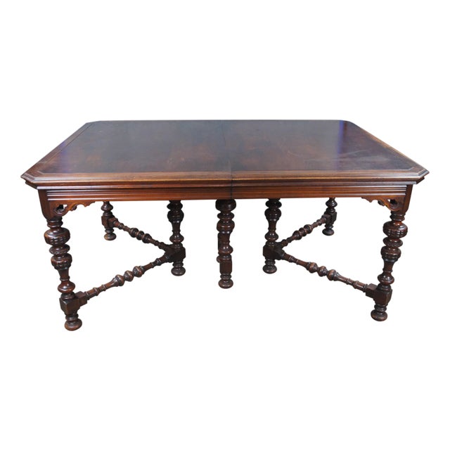 Antique Orinoco Jacobean Spanish Revival Oak Pierced Scroll Dining Table 72" For Sale