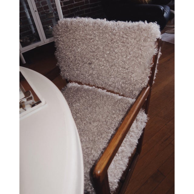Pair of Mid-Century Oak Armchairs in Cream Faux Shearling For Sale - Image 12 of 12