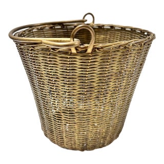 Vintage Solid Brass Woven Basket With Swing Handles For Sale