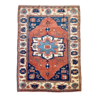 1950's Vintage Turkish Serapi Design Rusty Terracotta, Army Green & Sky Blue Rug 7.3 X 10 For Sale