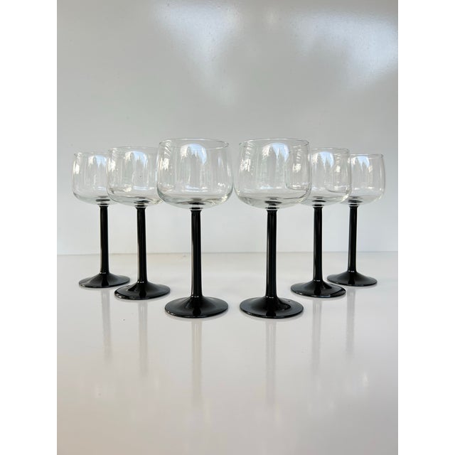 Glass Vintage Black Stem Wine Glasses-Set of Six-Made in France For Sale - Image 7 of 9