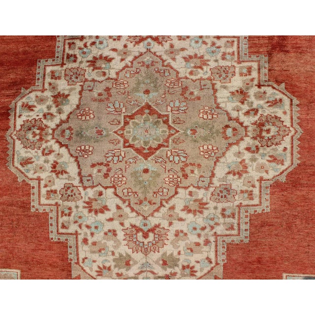 Mid 20th Century Turkish Oushak Rug in Orange Red, Light Green, Warm Taupe and Cream Colors For Sale In Atlanta - Image 6 of 10