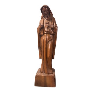 Vintage Hand Carved Wooden 17" Statue Sculpture Sacred Heart of Jesus For Sale