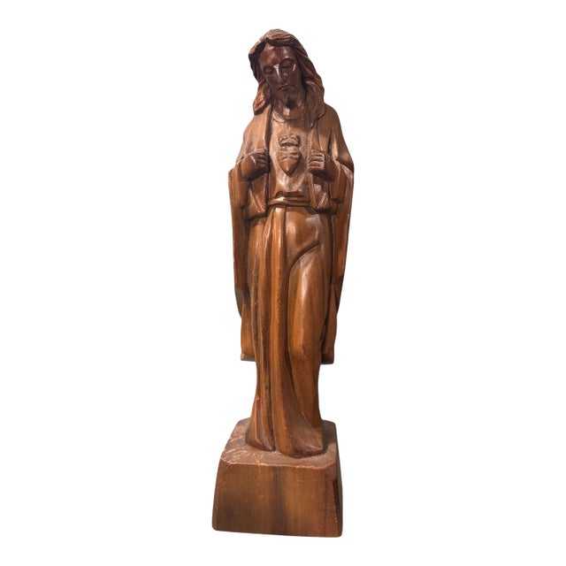 Vintage Hand Carved Wooden 17" Statue Sculpture Sacred Heart of Jesus For Sale