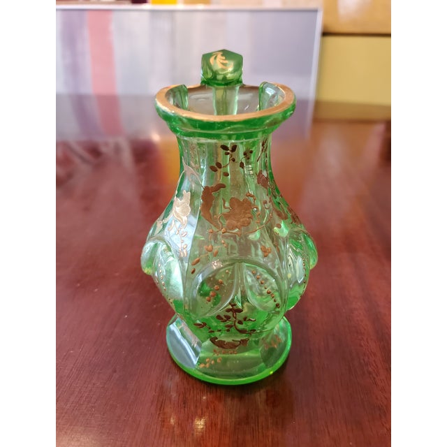 Art Nouveau Antique Bohemian Glass Moser Emerald Green Crystal Ewer For Sale - Image 3 of 7