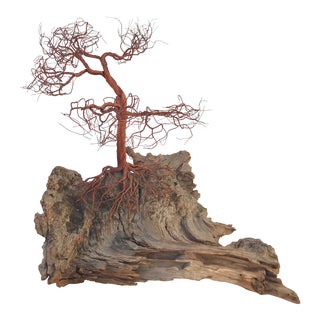 Organic Modern Copper Wire Tree on Wood Sculpture For Sale