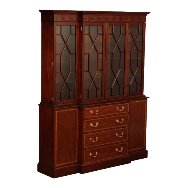 Henkel Harris Georgian Style Inlaid Mahogany Breakfront Bookcase For Sale