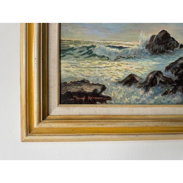 Brown 1970’s Vintage Margi Konzen Impressionist Ocean Landscape Oil on Board Painting, Framed For Sale - Image 8 of 11