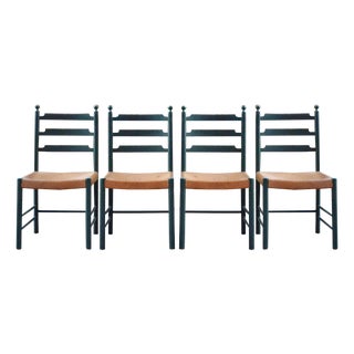 Mid-Century Green Vegetal Cognac Leather Saddle Dining Chairs, Finland, 1950s, Set of 4 For Sale