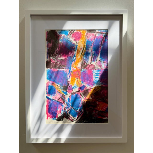 Coloured abstract lithograph by Kári Svensson. Signed in pencil and numbered 129/300. Presented in a white-painted pine...