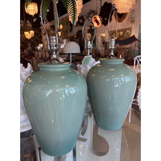 Hollywood Regency Vintage Pair Green Crackle Porcelain Ceramic Table Lamps Brass Newly Wired For Sale - Image 3 of 10
