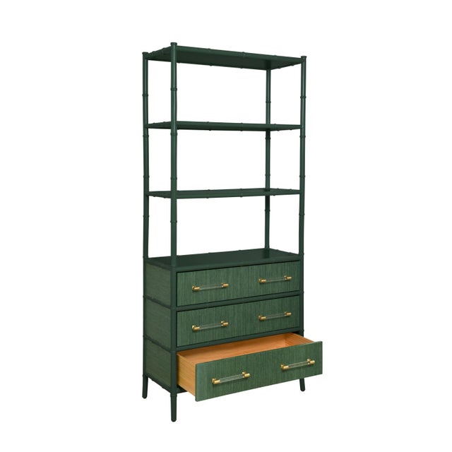 Contemporary Matthew Izzo Home - Flynn Dark Green Grasscloth and Matte Lacquer Etagere For Sale - Image 3 of 7