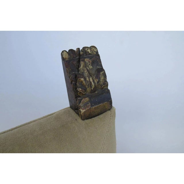 Italian 19th Century set of four walnut armchairs with acanthus leaf motif and carved feet. Nice upholster