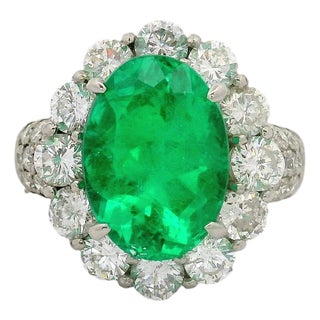 4.32 Carat Colombian Emerald Diamond Platinum Halo Ring, GRS Certified, Size 5.75 For Sale
