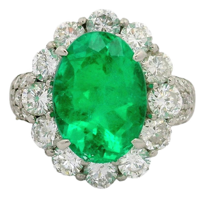 4.32 Carat Colombian Emerald Diamond Platinum Halo Ring, GRS Certified, Size 5.75