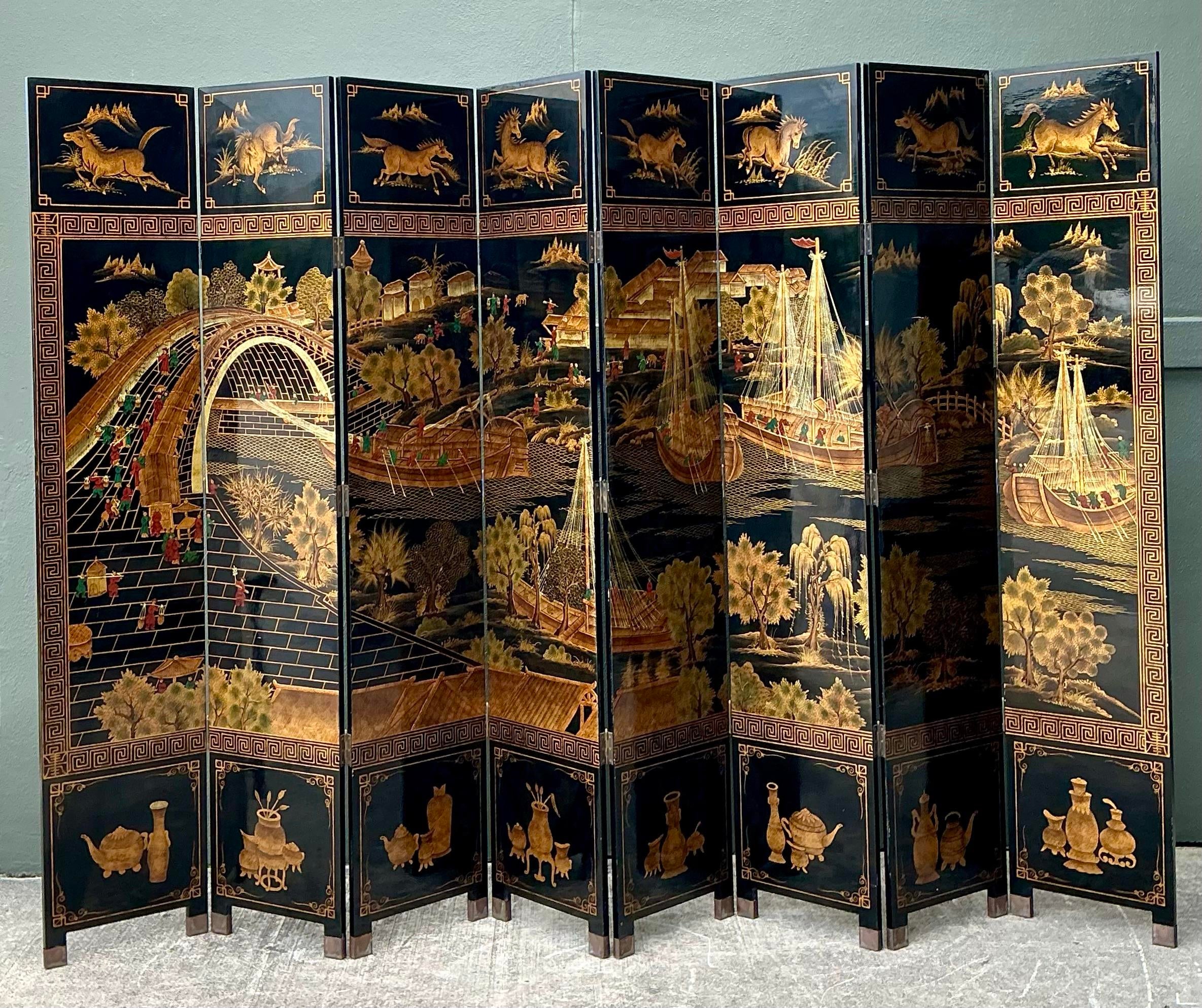 Vintage Asian 8 Panel Coromandel Screen | Chairish