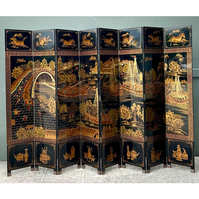Vintage Asian 8 Panel Coromandel Screen For Sale - Image 4 of 12