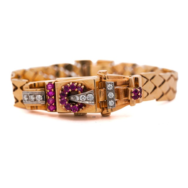 Mid 20th Century Mid 20th Century Mercedes Signed 14k Gold Ruby & Diamond Art Deco Hidden Watch Bracelet For Sale - Image 5 of 14