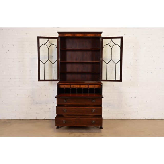 1980s 1980s Baker Furniture Georgian Inlaid Mahogany Breakfront Bookcase Cabinet With Drop Front Secretary Desk For Sale - Image 5 of 13