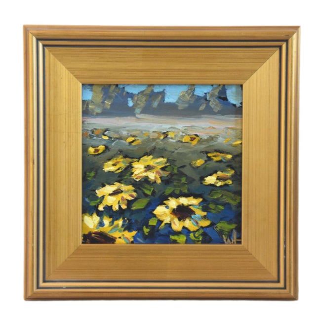 2020s William Hawkins Sunflower Landscape Painting Including the Antiqued Gold Wood Frame For Sale - Image 5 of 5