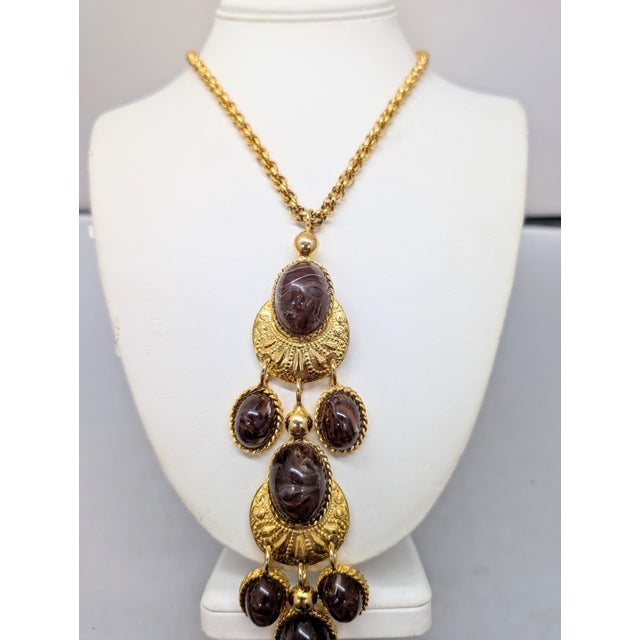 Metal Vintage Signed Les Bernard Cabochon Faux-Brown Agates Pendant Necklace For Sale - Image 7 of 11