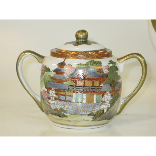 Ceramic 7 Pc. Set Tea Pot Sugar Bowl Cups Saucers Porcelain Antique Japanese Kutani Eggshell Porcelain Lithophane Geisha - 11 pcs For Sale - Image 7 of 18