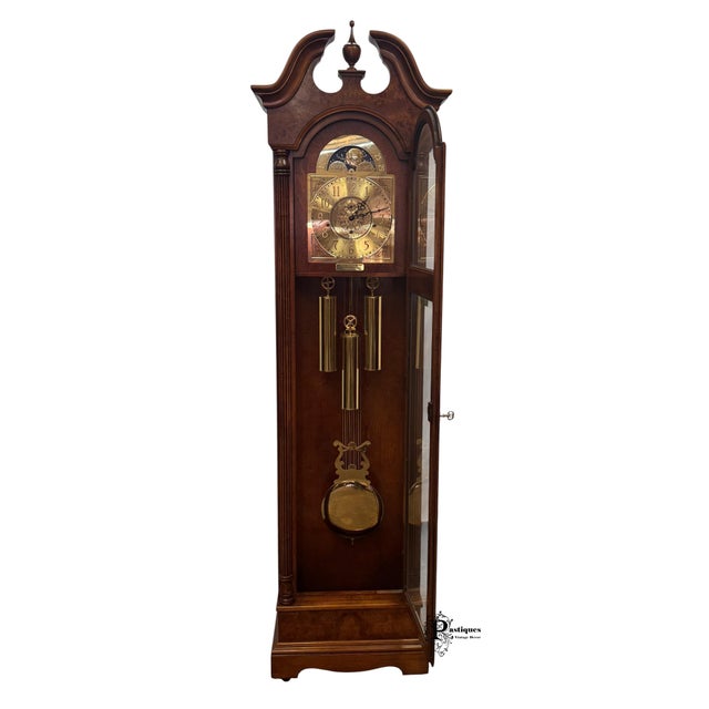 American Vintage Howard Miller Traditional American Style Mahogany & Burl Wood Grandfather Clock For Sale - Image 3 of 11