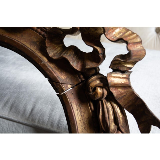 French Provincial Antique Circa 18th-19th Century French Neoclassical Giltwood Frame Filigree Hand Carved Ribbon Mirror Frame For Sale - Image 3 of 15