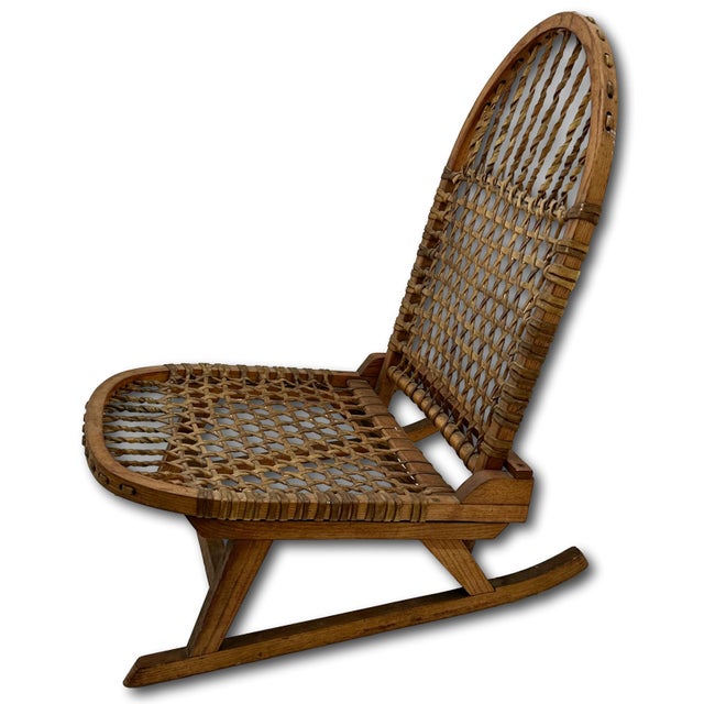 Vintage Tubbs Vermont Made "Snow Shoe" Style Stream Bent Ash Wood & Hand Woven Hide Canoe & Camping Folding Chair For Sale - Image 10 of 18