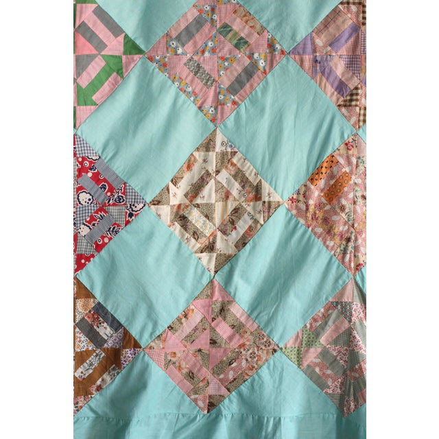 1950s Quilt Top in Aqua and Yellow in an Intricate Pattern For Sale - Image 10 of 11