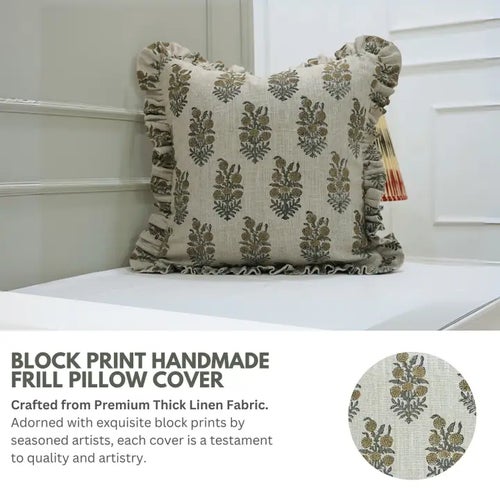 Fabdivine Handcrafted Block Print Frill Cushion Cover Gray 20x20
