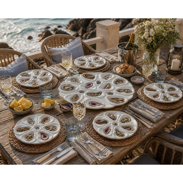 Ceramic Vintage French Porcelain Oyster Set, 6 Plates & Platter For Sale - Image 7 of 7