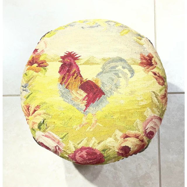 French Vintage French Tapestry Footstool – Hand-Made Rooster & Floral Needlepoint. For Sale - Image 3 of 14