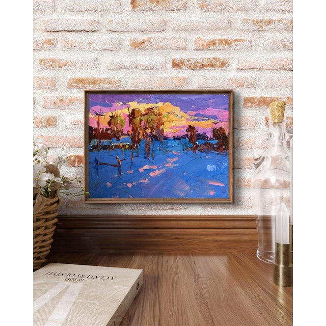 The painting ""In the Evening in the Cold"" is an expressive and vibrant oil on canvas piece that captures the serene yet...