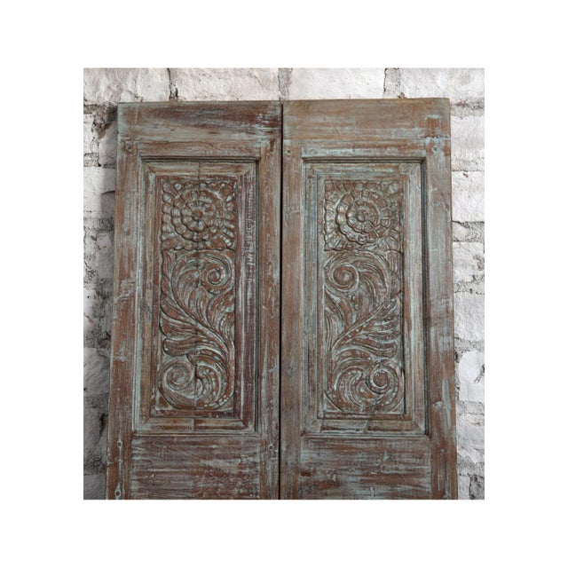 Mid-Century Modern Antique Artisan Carved Double Door – Distressed Blue Floral Barn Door 80x40 For Sale - Image 3 of 5