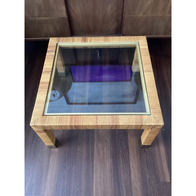 Vintage Wicker & Brass Coffee Table With New Glass Top For Sale - Image 4 of 5