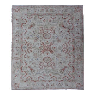 Neutral Butter Color Background With Light Green, Light Blue, Red in All-Over Floral Design Vintage 7'0"x8'7" For Sale