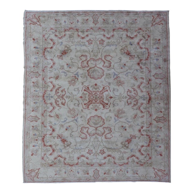 Neutral Butter Color Background With Light Green, Light Blue, Red in All-Over Floral Design Vintage 7'0"x8'7" For Sale
