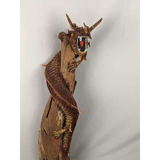 Mid 20th Century Monumental Hand-Carved Asian Dragon Coiled Around Natural Tree Trunk Sculpture With Original Polychrome Finish 40" For Sale - Image 10 of 18