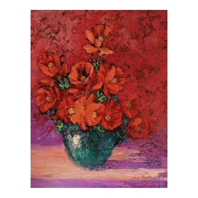 Contemporary Vibrant Impasto Poppies in Teal Vase Still Life Painting For Sale