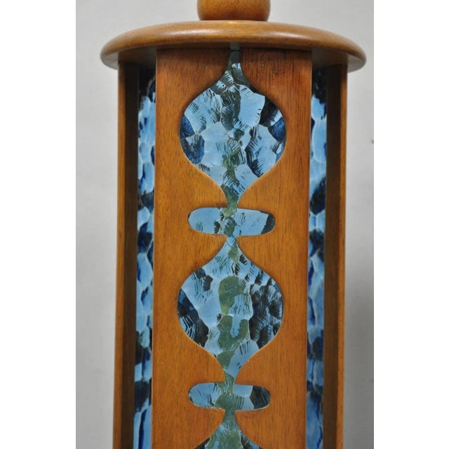 Vintage Modeline Mid Century Modern Walnut & Blue Stained Glass Table Lamps Pair For Sale - Image 4 of 14