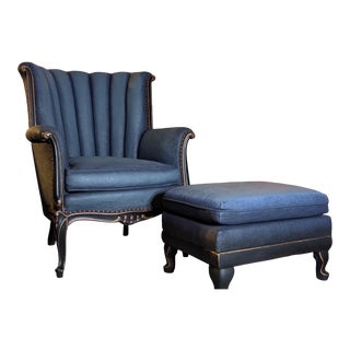 Vintage Hand-Painted Wingback Chair and Ottoman For Sale